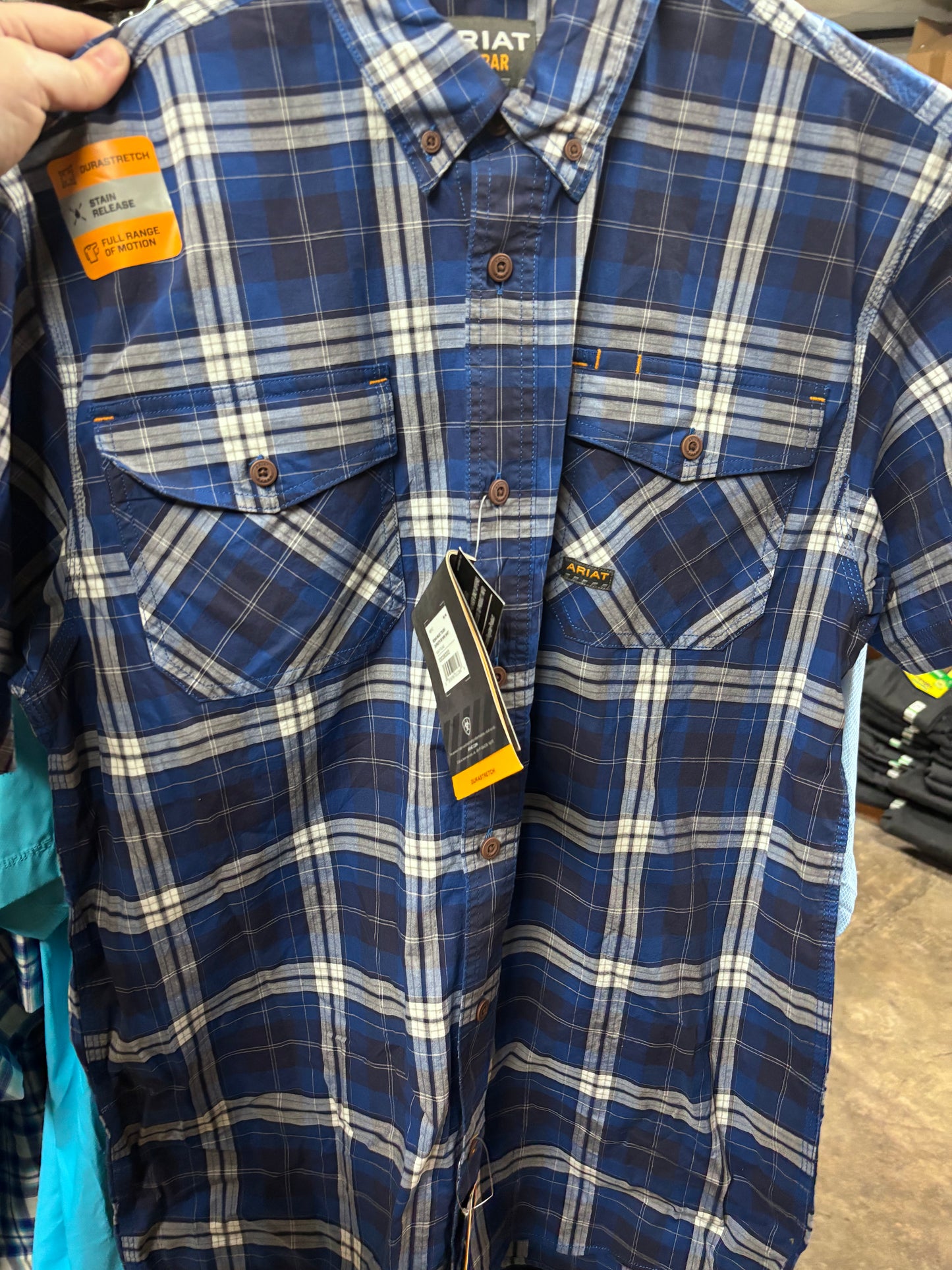 RIAT Men's Rebar Navy Plaid Dura stretch Short Sleeve Button-Down Work Shirt Navy