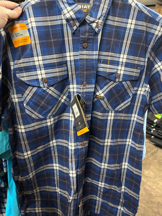 RIAT Men's Rebar Navy Plaid Dura stretch Short Sleeve Button-Down Work Shirt Navy