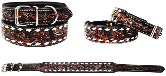 Leather Padded Heavy Duty Tooled Dog Collar Brown