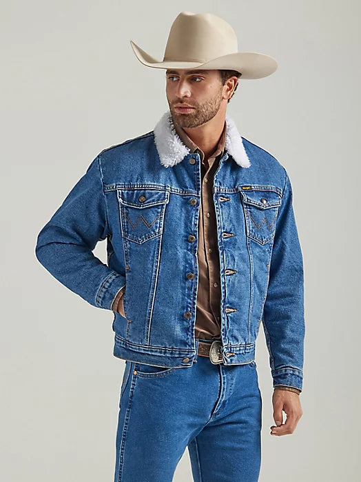 Wrangler Western Sherpa Lined Denim Jacket in Stone Wash