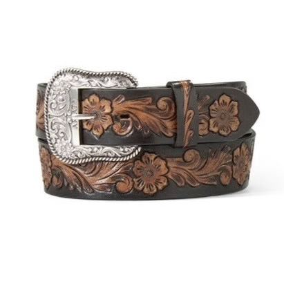 Ariat Black and Brown Tooled Flower Belt