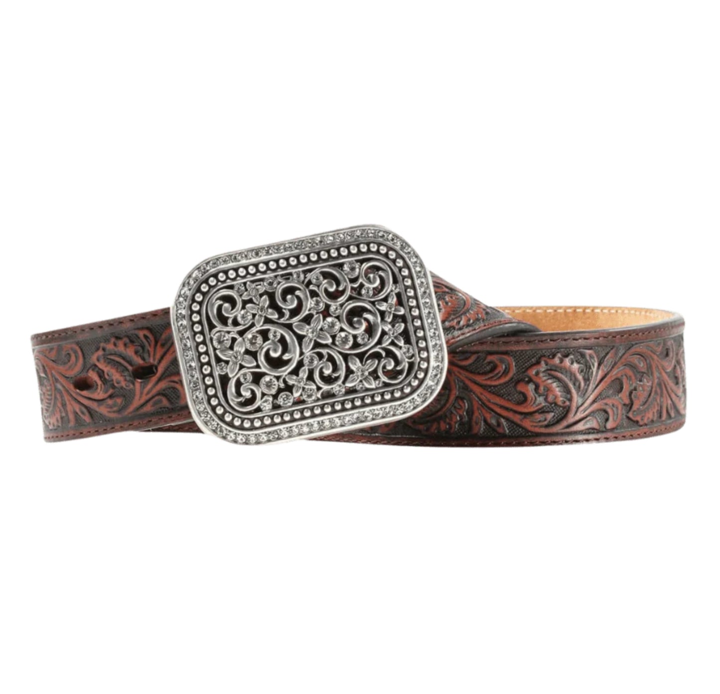Brown Tooled Leather Belt with Belt Buckle