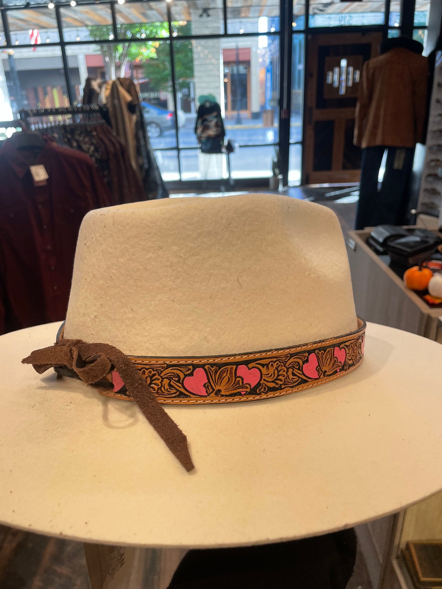 Tooled leather/pink heart hat band