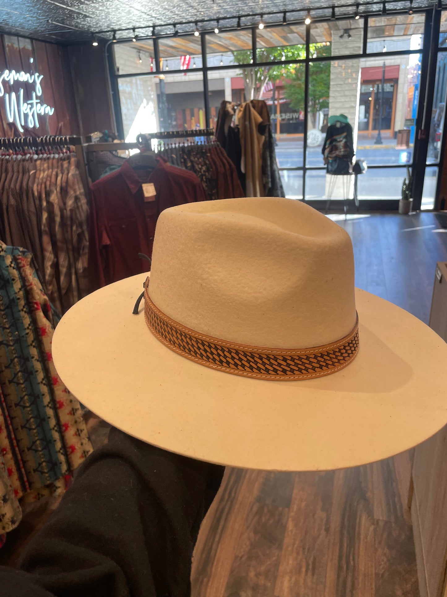 Stitched tooled leather hat band