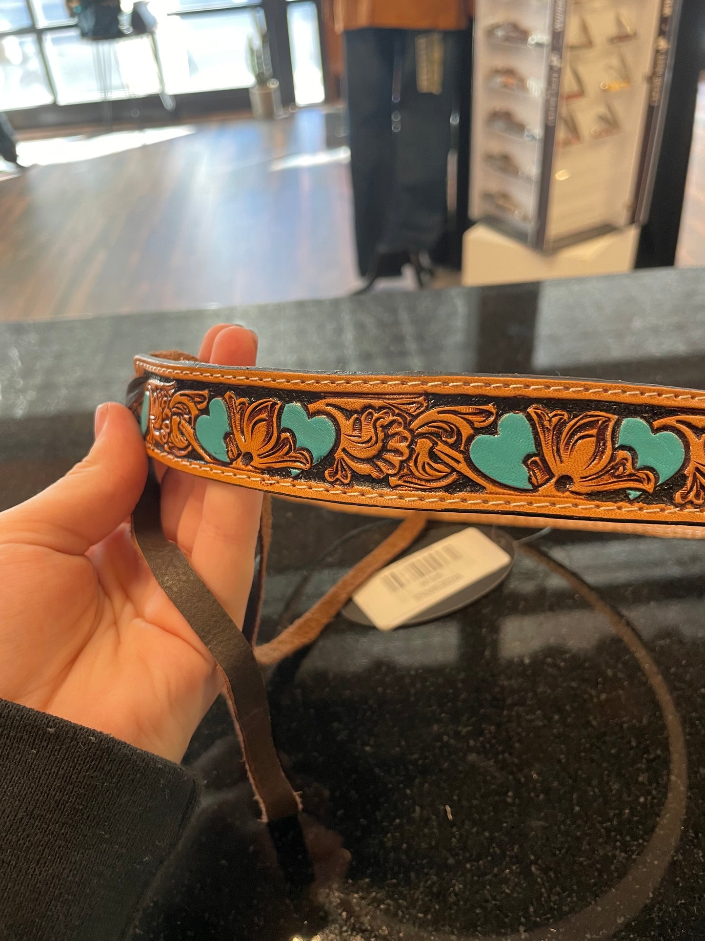 Tooled leather turquoise heart hat band