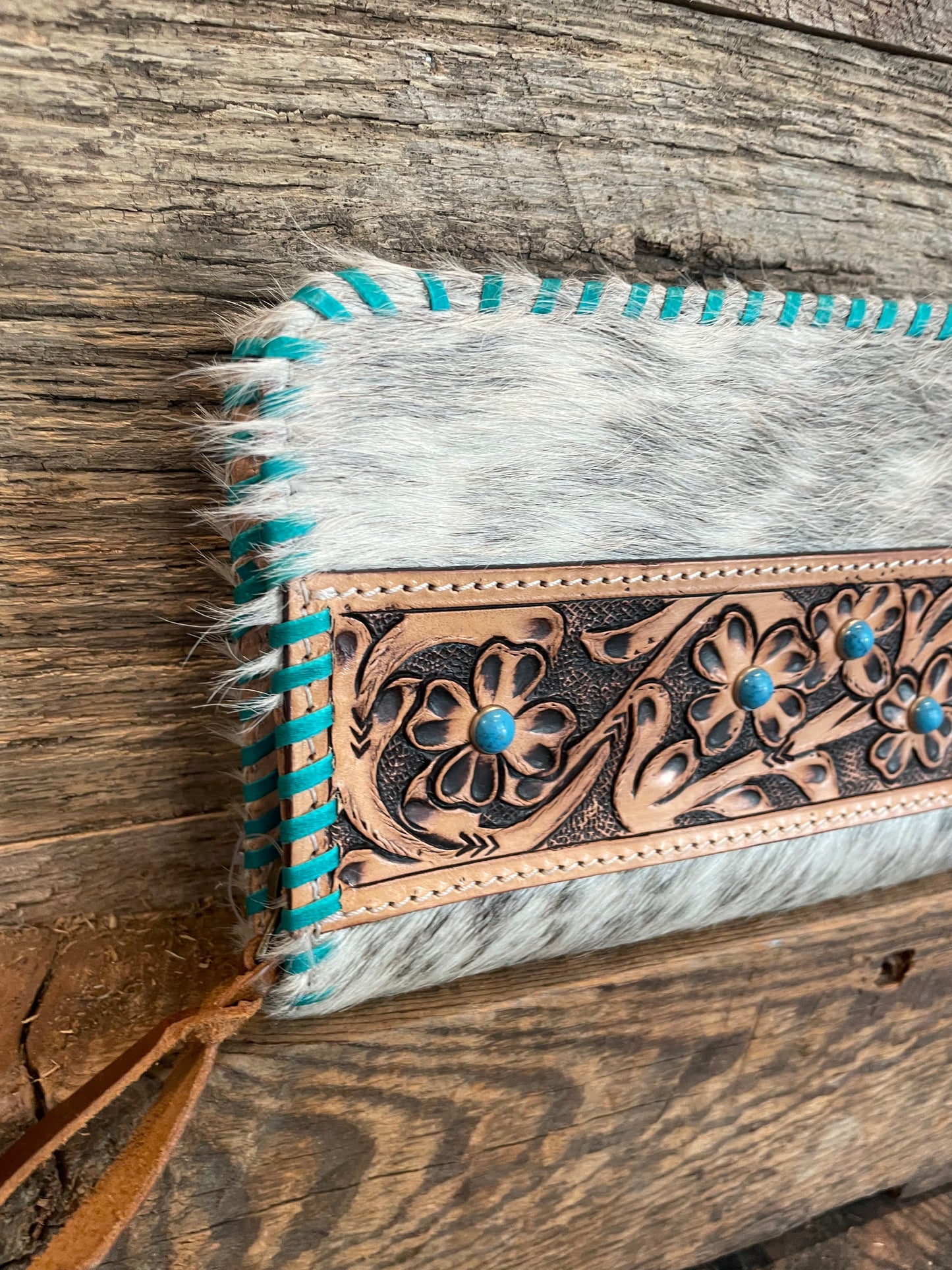 Cowhide&tooled leather turquoise wallet