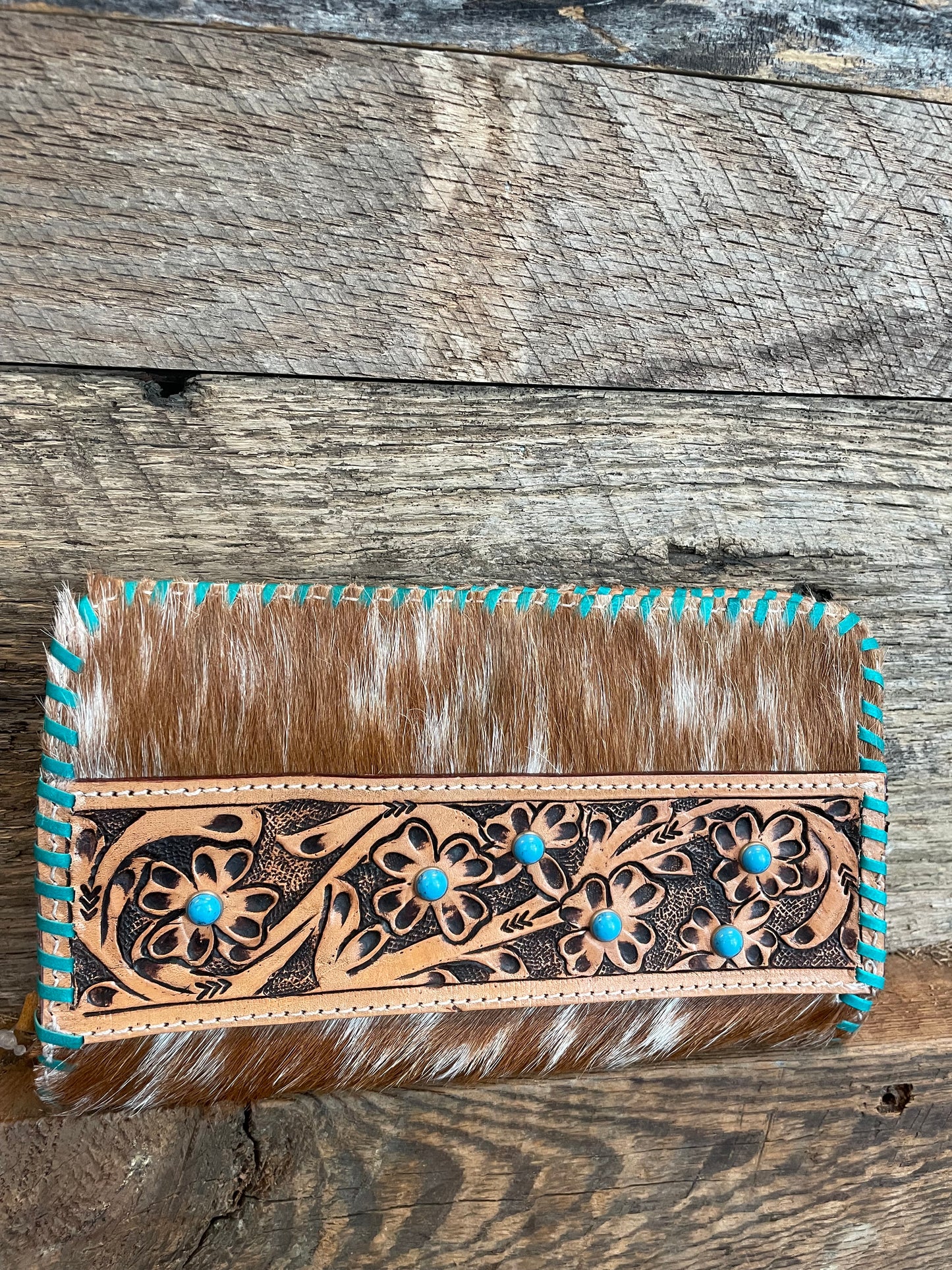 Cowhide&tooled leather turquoise wallet