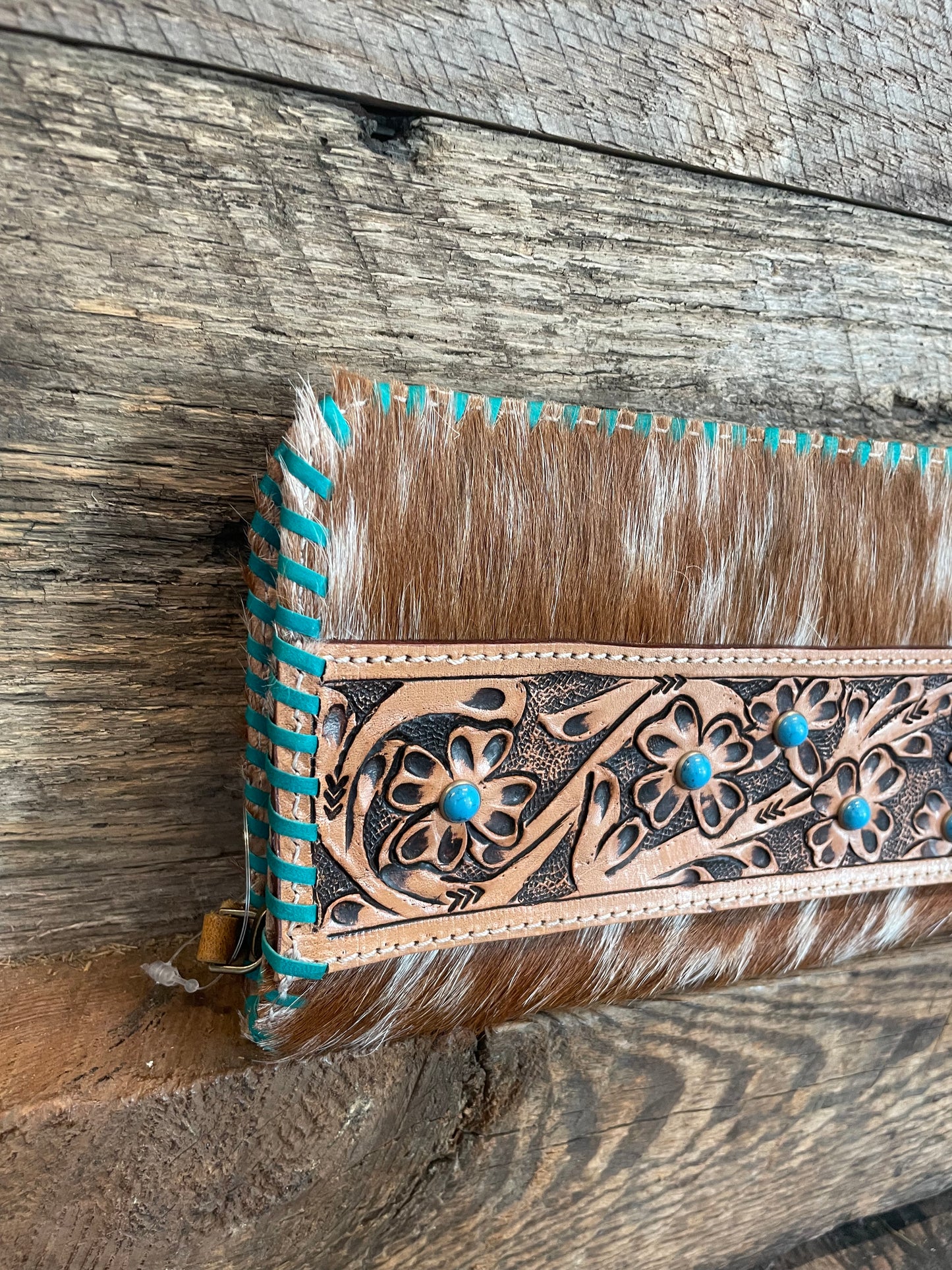 Cowhide&tooled leather turquoise wallet