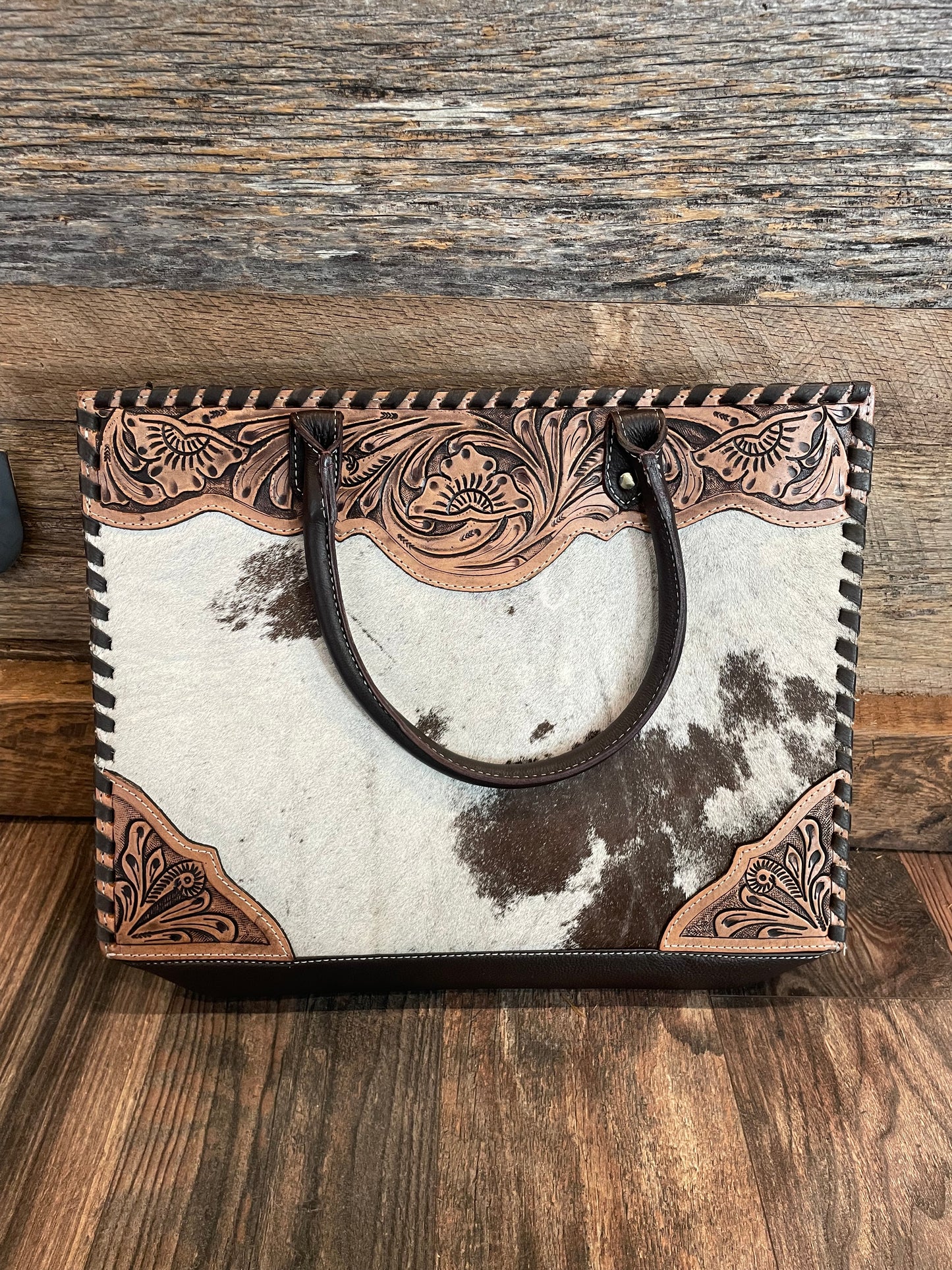 Tooled leather&cowhide tote/purse