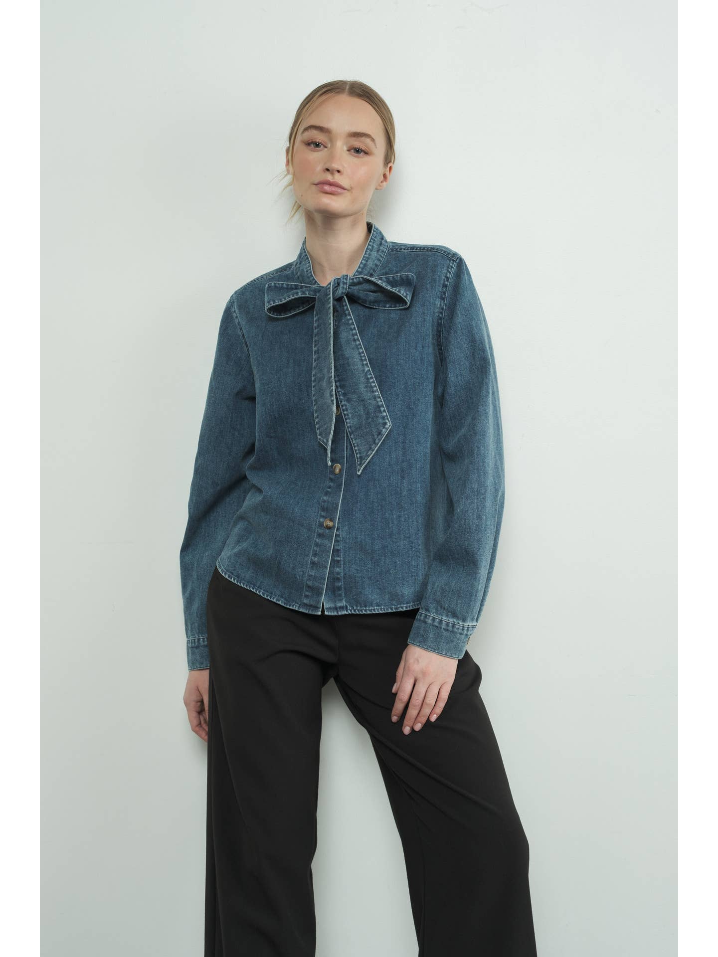LAST ONE Bashful Bow Tie Denim Shirt Large LAST ONE Bashful Bow Tie Denim Shirt Large