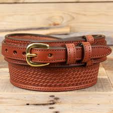 Brown Tooled Basket Weave Mens Belt