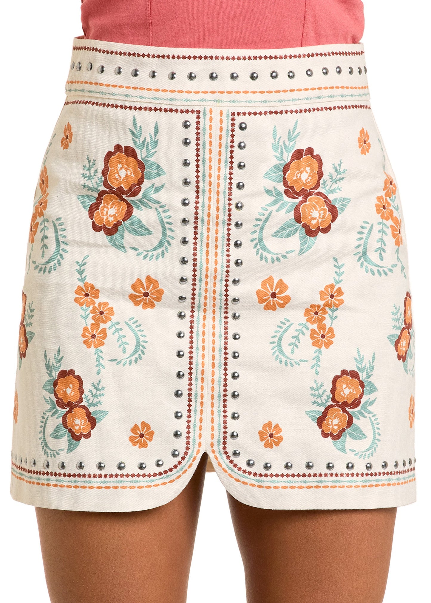 YeeHaw Floral Print Studded Skirt