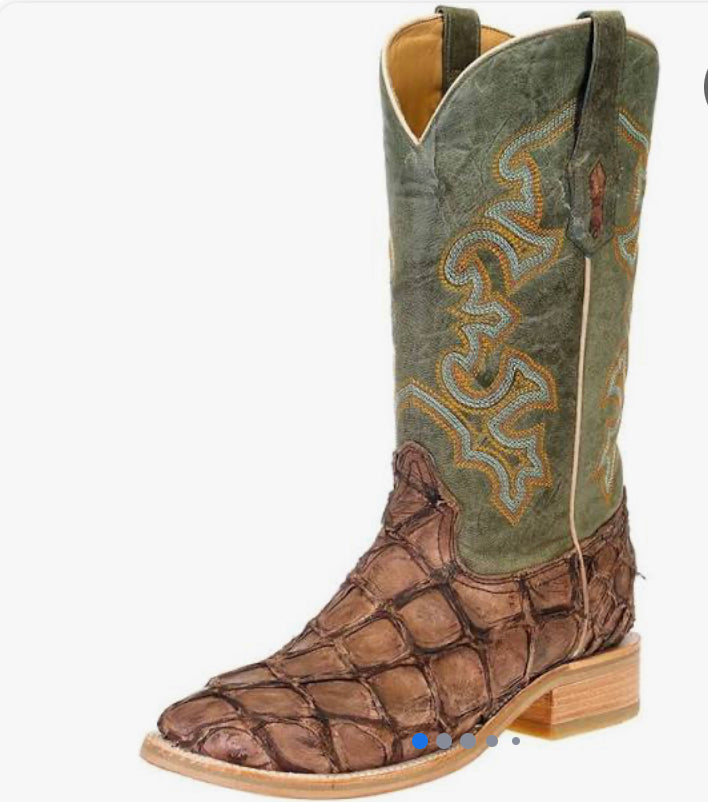 Mens Brown/Turquoise Fish Embroidery Sq. Toe