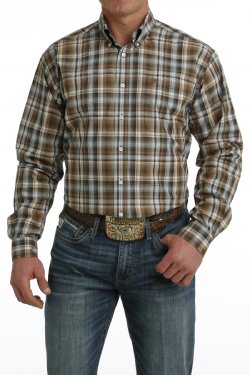 Men's Plaid Western Button Down - Brown/White