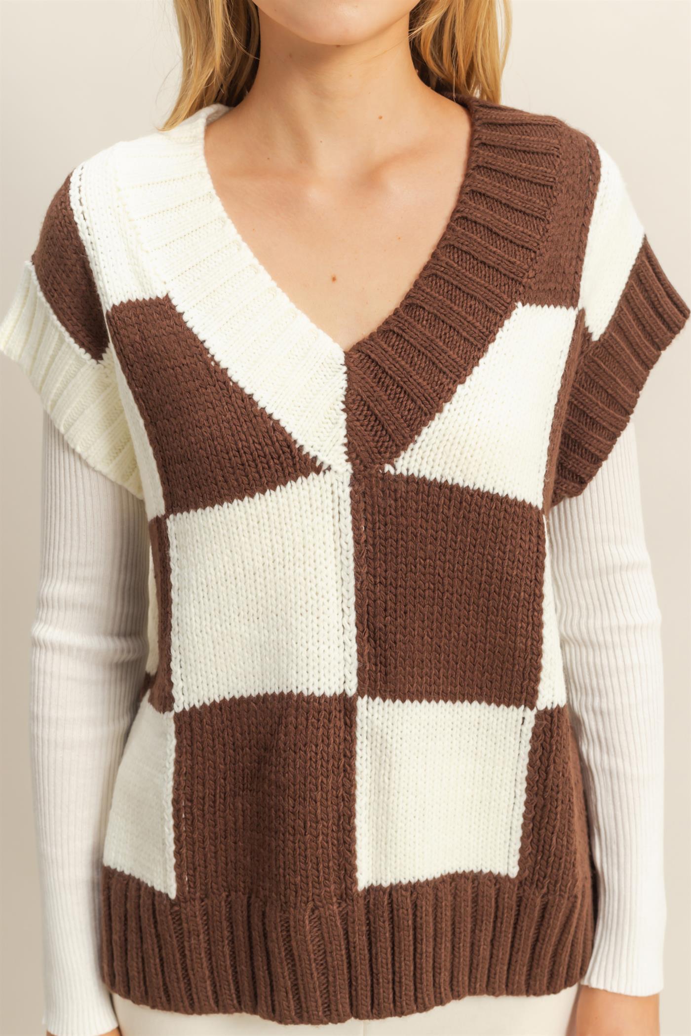 Checker Brown V Neck Vest