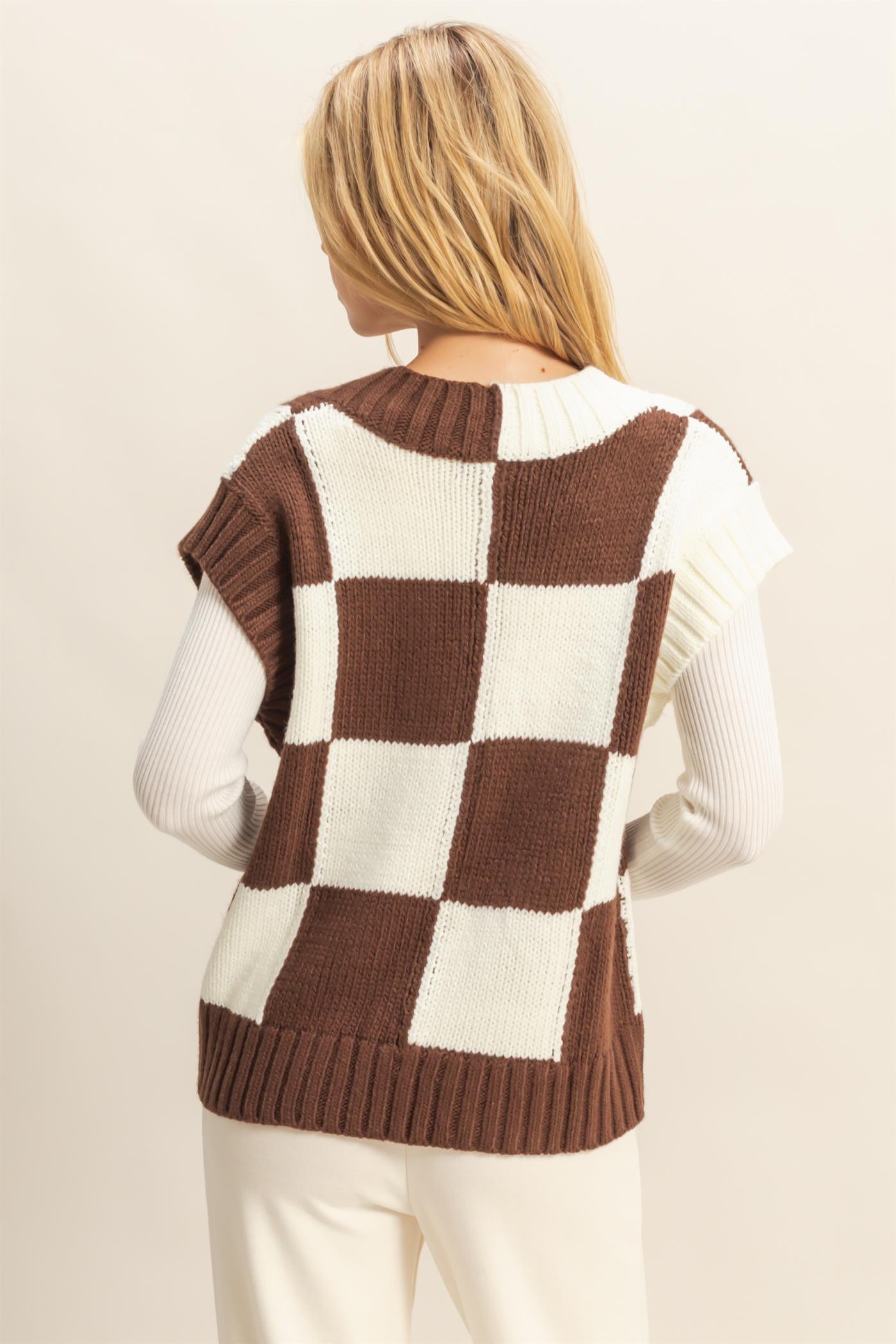 Checker Brown V Neck Vest