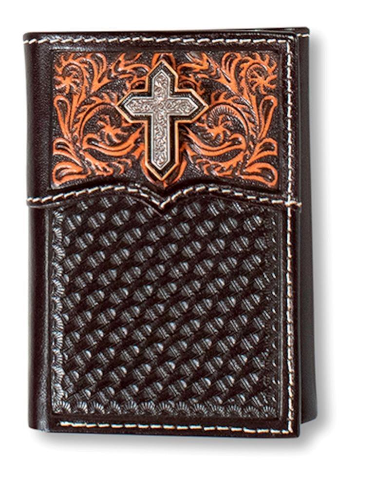 Ariat Brown Leather Basketweave Cross Trifold Wallet