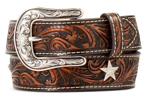 Ariat Western Girls Belt Leather Embossed Star Conchos Brown