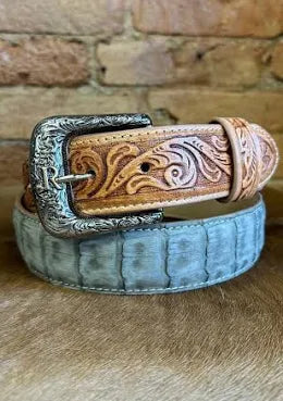 Men's Charcoal Nubuck Sueded Caiman with Natural Tanned Billets Western Belt
