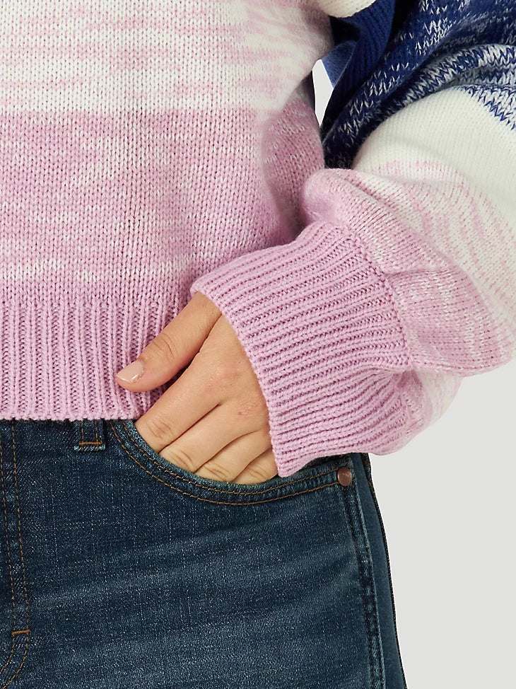 Abbey Wrangler cropped sweater with blue and pink stripes