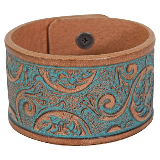 GENUINE TOOLED LEATHER TAN & TURQUOISE WIDE BRACELET