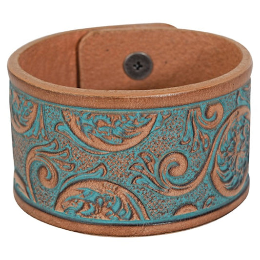 GENUINE TOOLED LEATHER TAN & TURQUOISE WIDE BRACELET