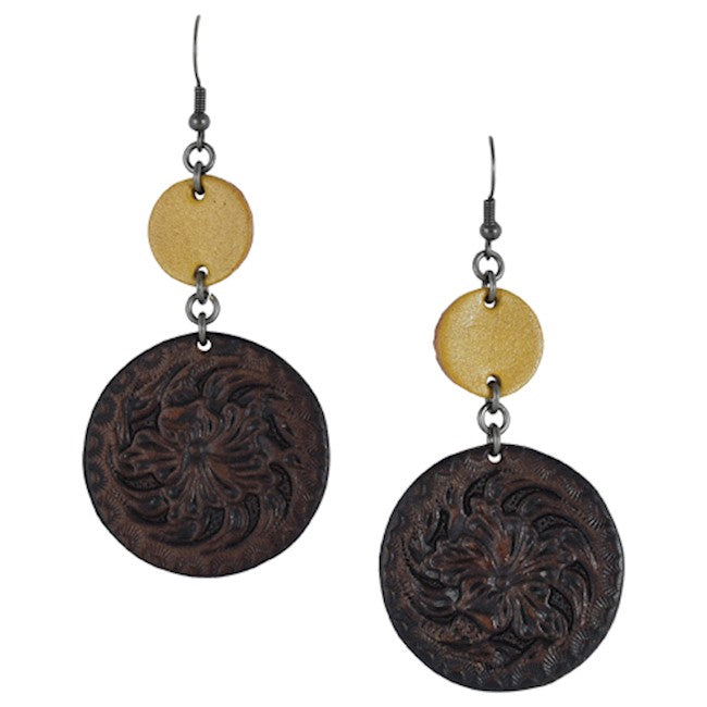 GENUINE TOOLED LEATHER TAN & DARK BROWN EARRINGS