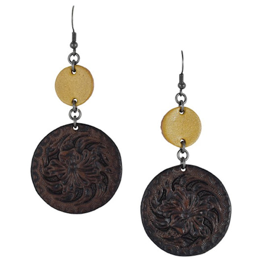 GENUINE TOOLED LEATHER TAN & DARK BROWN EARRINGS