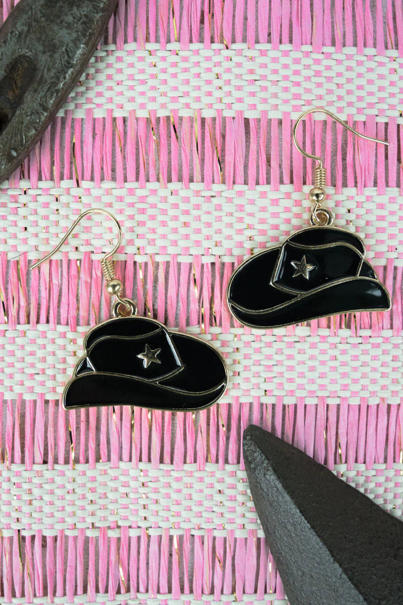 BLACK GRANDBLUFF COWBOY HAT DANGLE EARRINGS