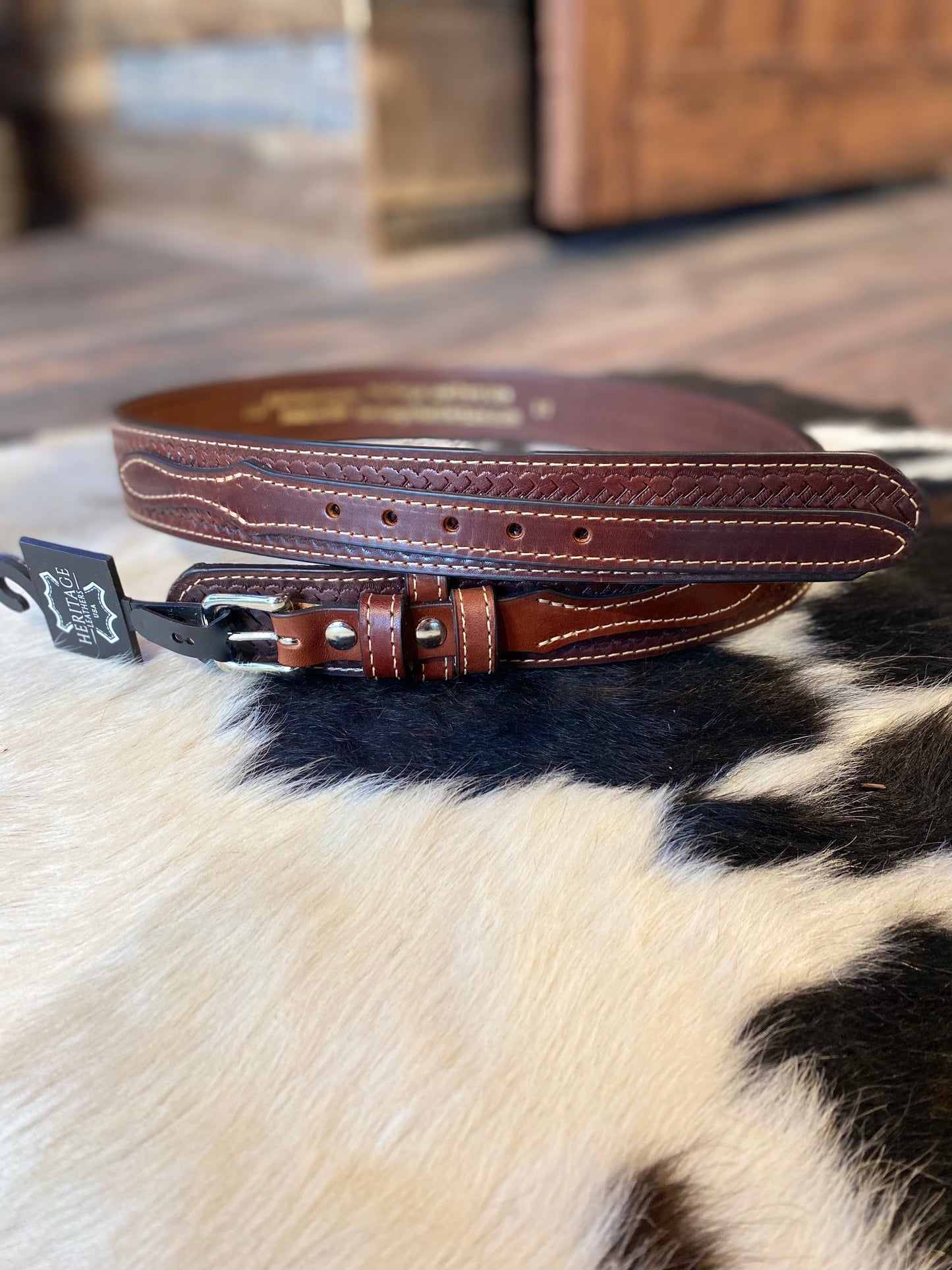 Heritage Leathers USA Basket Weave Brown Leather Belt