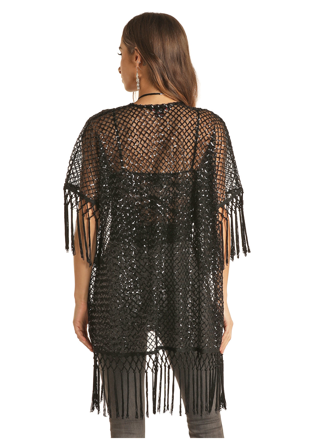 Final Sale ✨Tessa Women's Black Sequin Fringe Kimono
