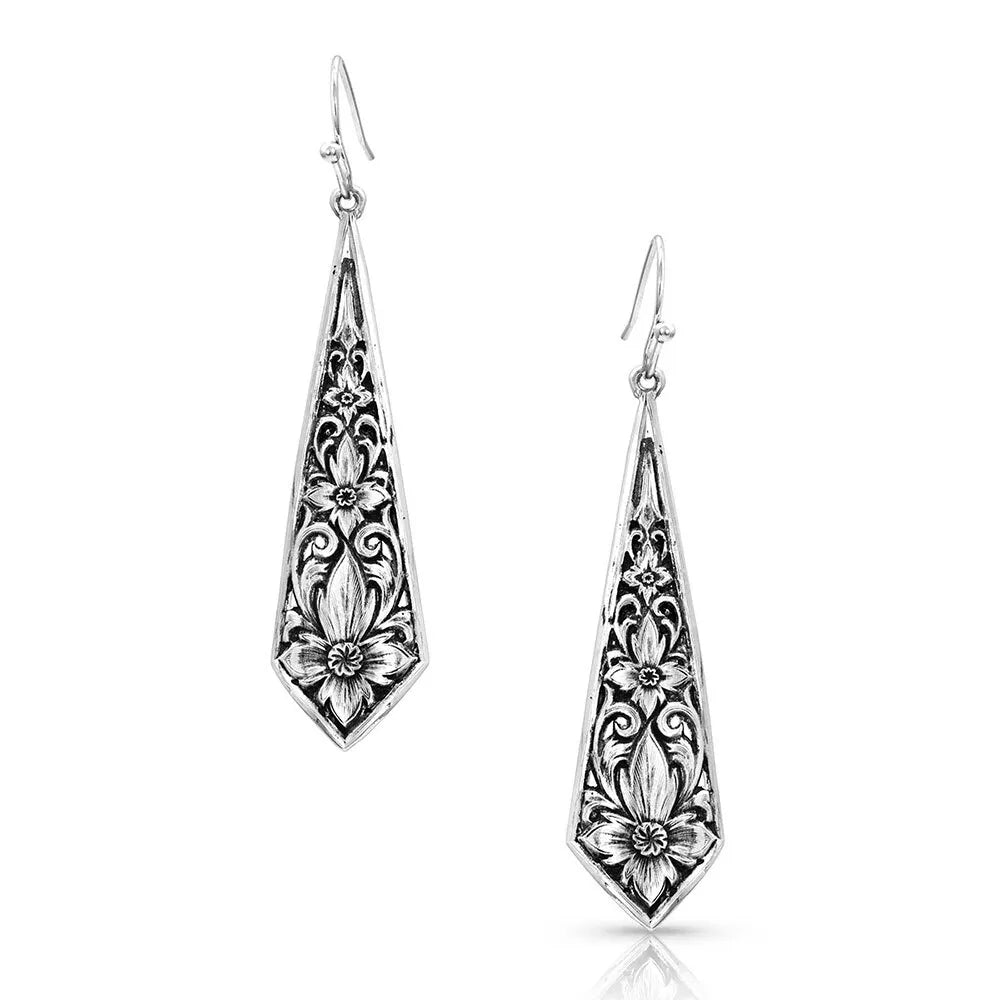 Hand painted silver dangle earring floral etching