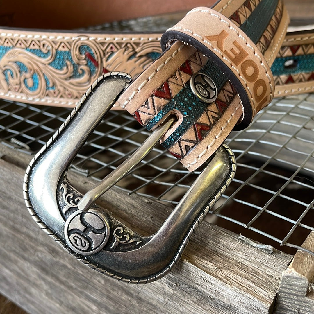 Natural Tooled & Teal Hooey "War Paint" Men's Belt