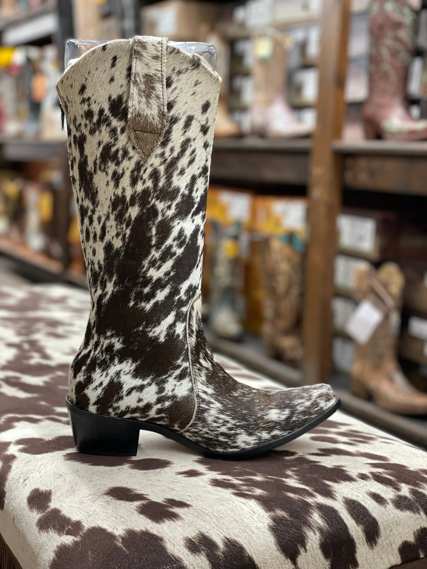 Agave sky Cowgirl boot hair on hide calf height with pointed toe made in Mexico