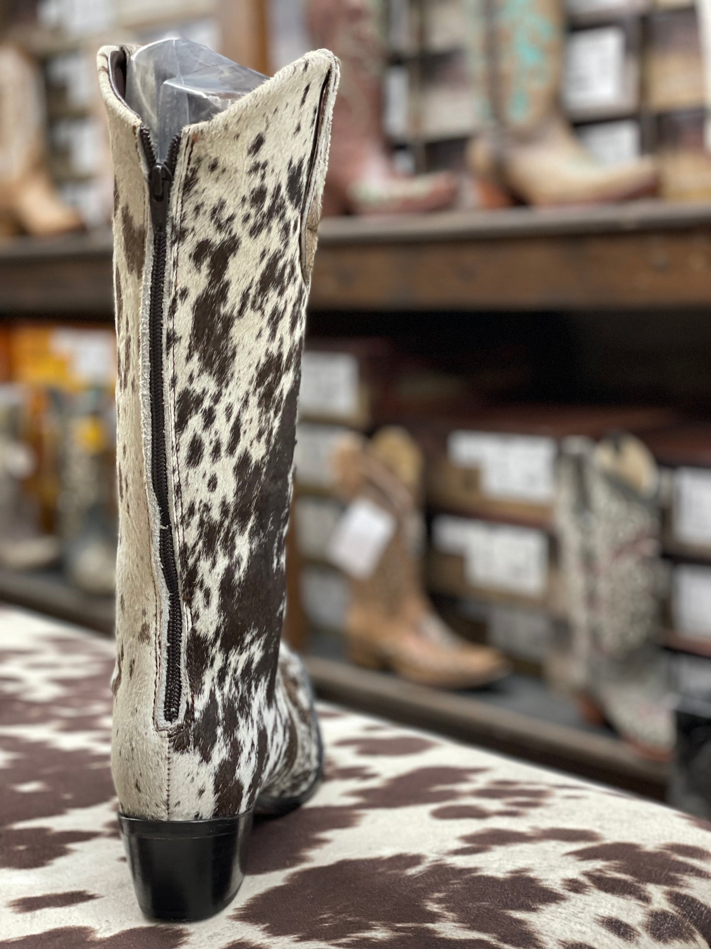 Agave sky Cowgirl boot hair on hide calf height with pointed toe made in Mexico
