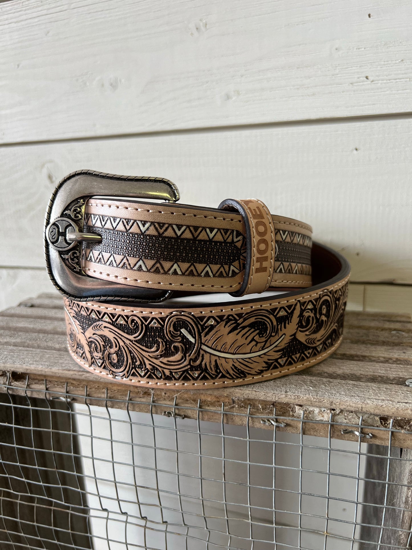 Natural Tooled & White Hooey Men's Belt