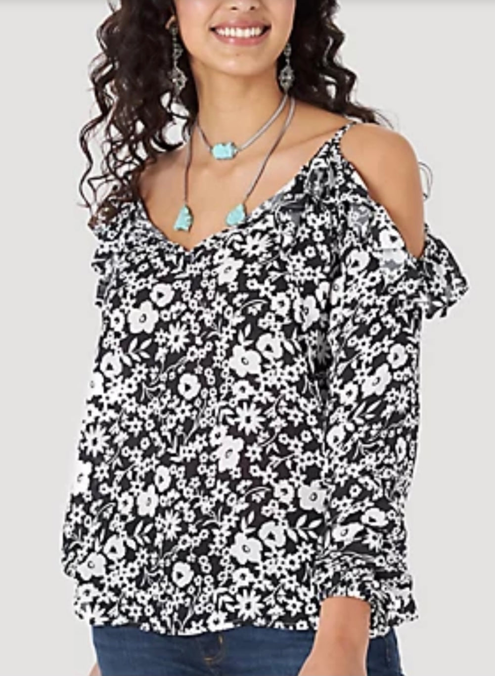 Final Sale✨ Wrangler Retro Floral Black and White Cold Shoulder