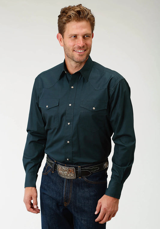 Green Solid Long Sleeve Western Snap Shirt