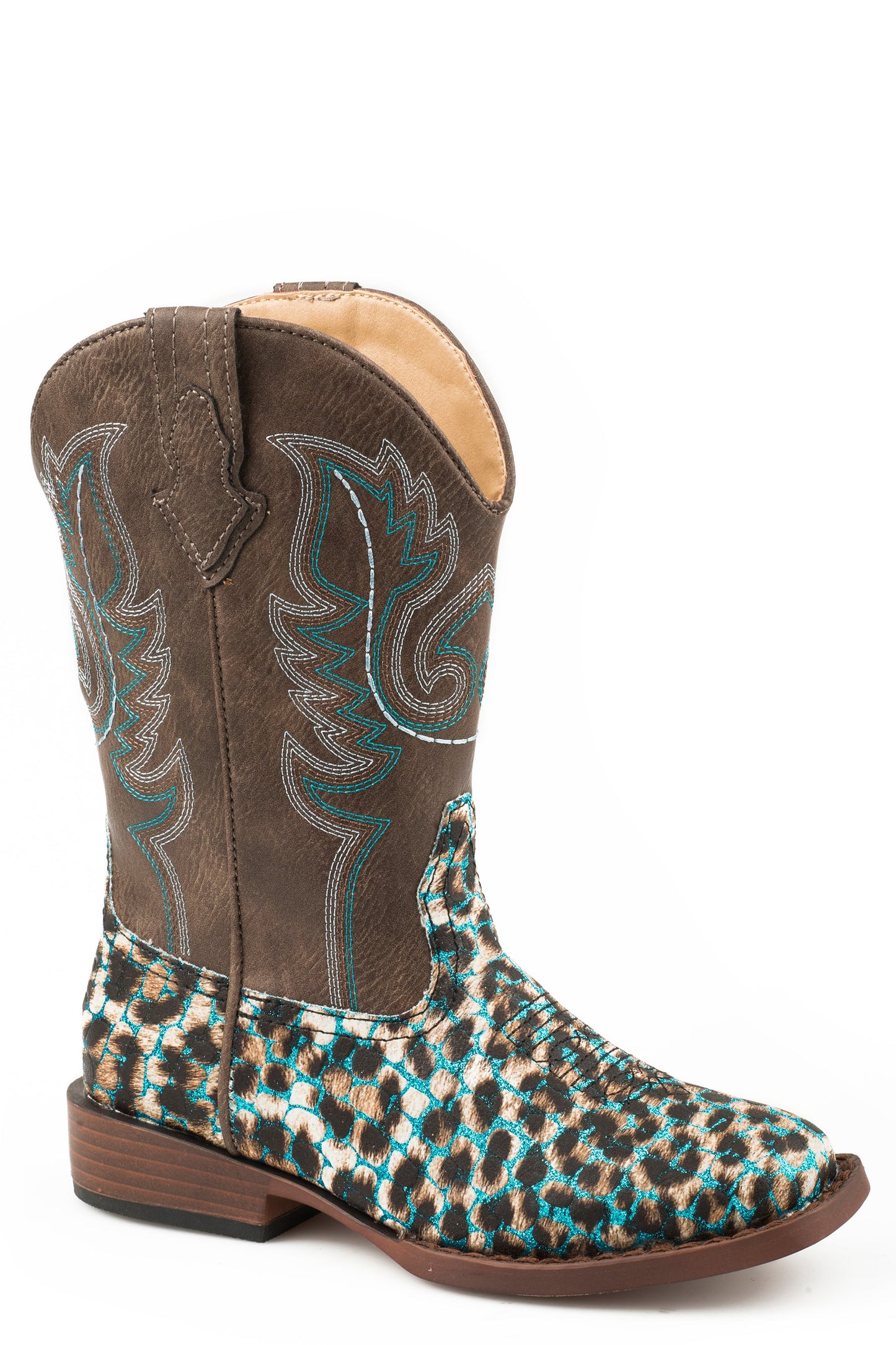 Roper Little Girls Turquoise Glitter Leopard Print Vamp Boot