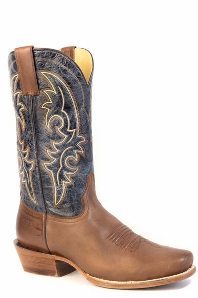 A single brown leather cowboy boot with a distressed blue shaft featuring gold western embroidery, shown against a plain white background.
