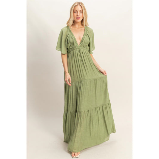 Flutter Sleeve Olive Maxi Dress