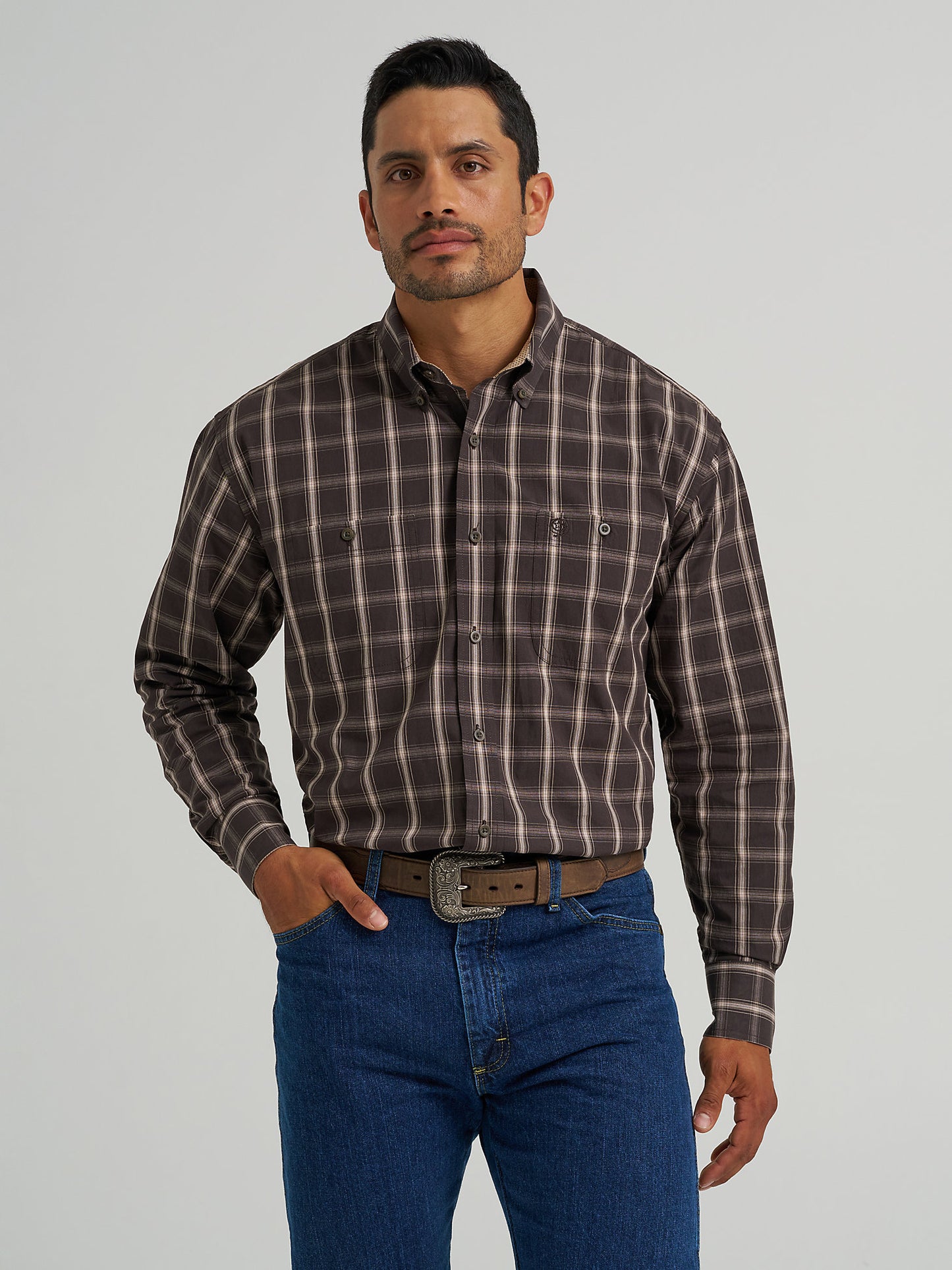 Wrangler George Strait Coffee Plaid Men's Button Up