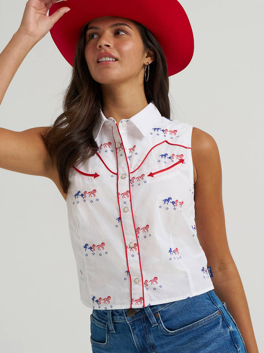 Wrangler Red White Blue Horses Crop  Women's