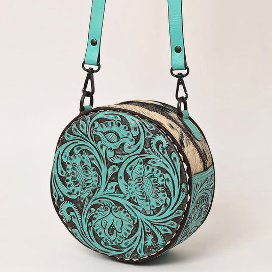 Round Up Tooled Handbag Cowhide Turquoise
