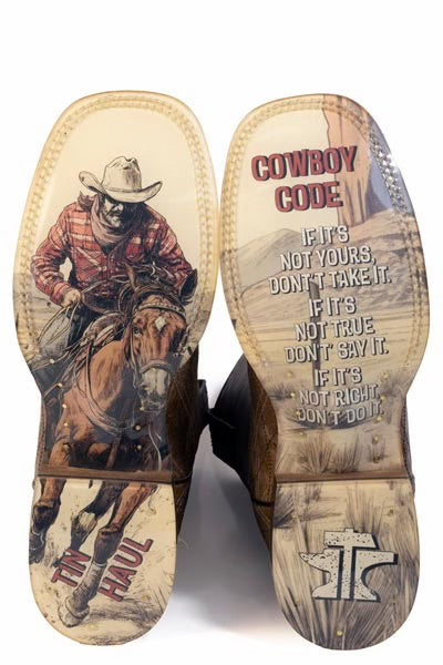 Cowboy-themed insole with a rider on horseback and text on a white background