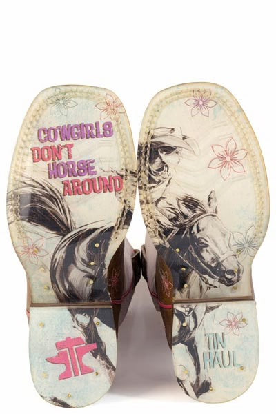 Outer sole with horse and rider design and text 'Cowgirls Don't Horse Around' on a white background