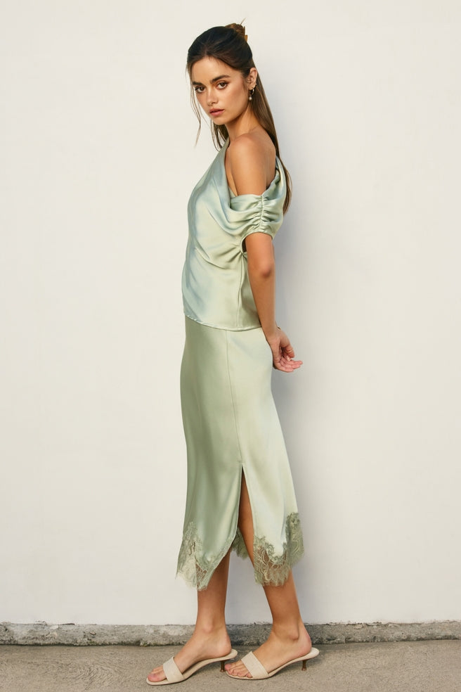 Sage Satin and Lace Pencil Skirt