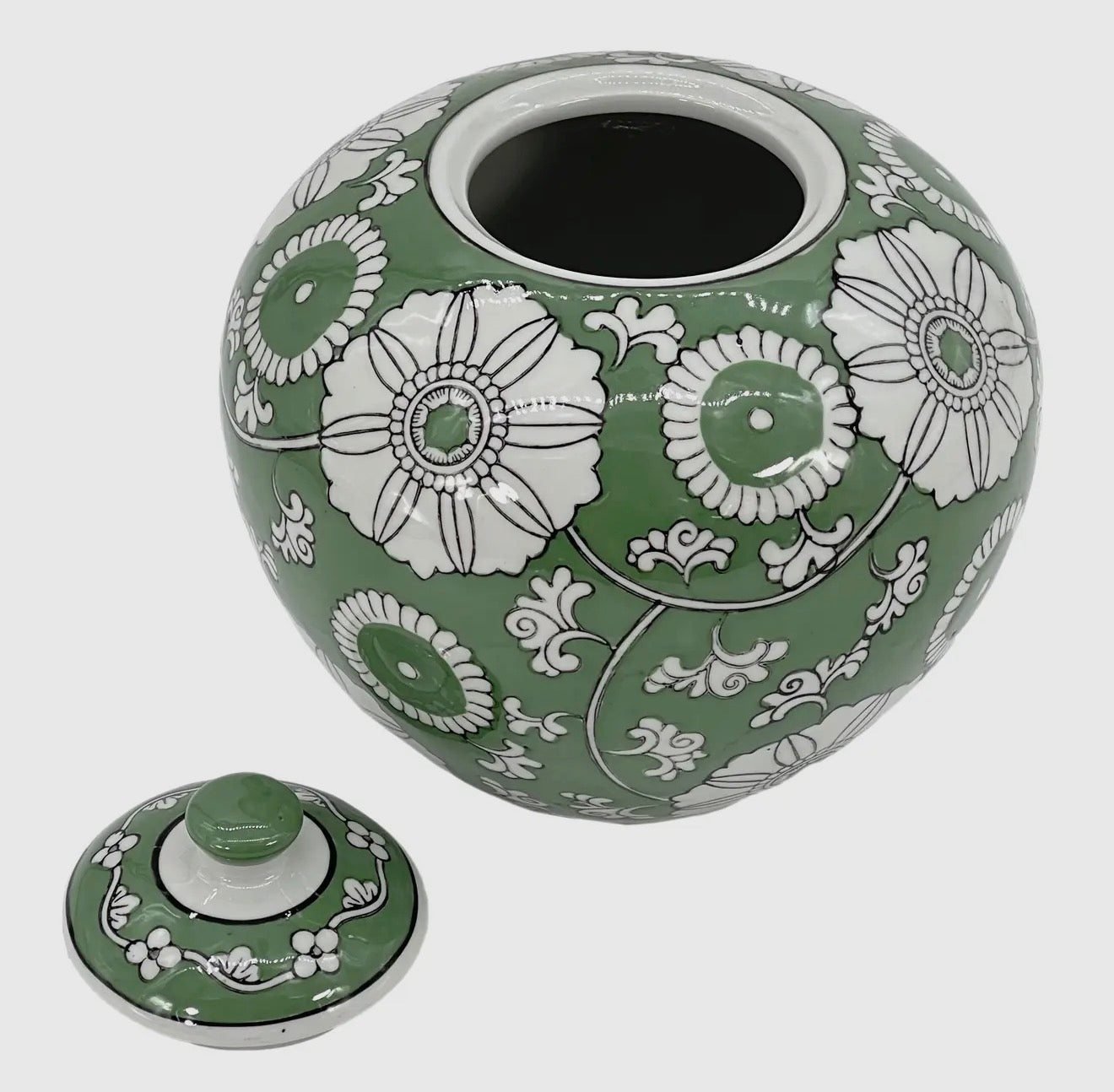 Green and white floral ceramic ginger jar 8”