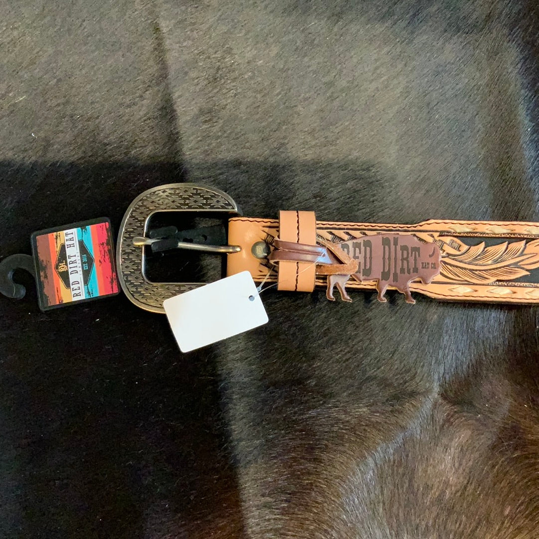 Red Dirt Mens Belt With Basketweave And Feather Tooling