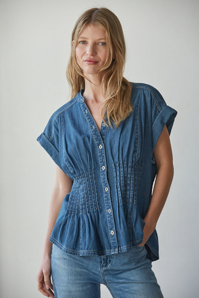 Pintuck Denim Button Up